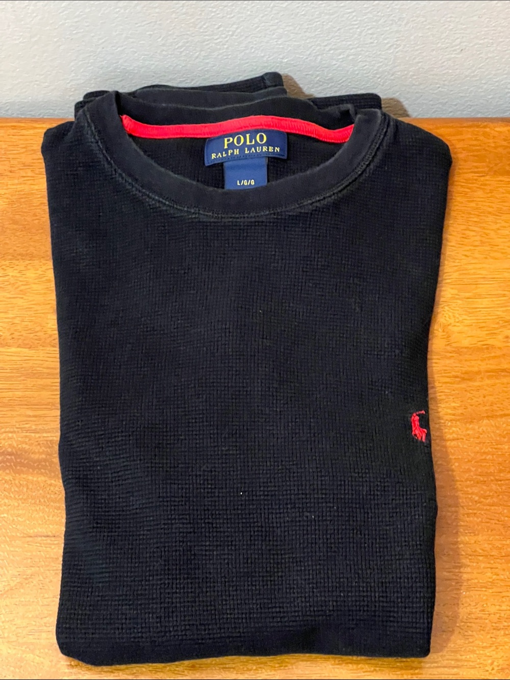 Polo by Ralph Lauren Navy Waffle-Knit Crewneck with Red Trim Size LARGE